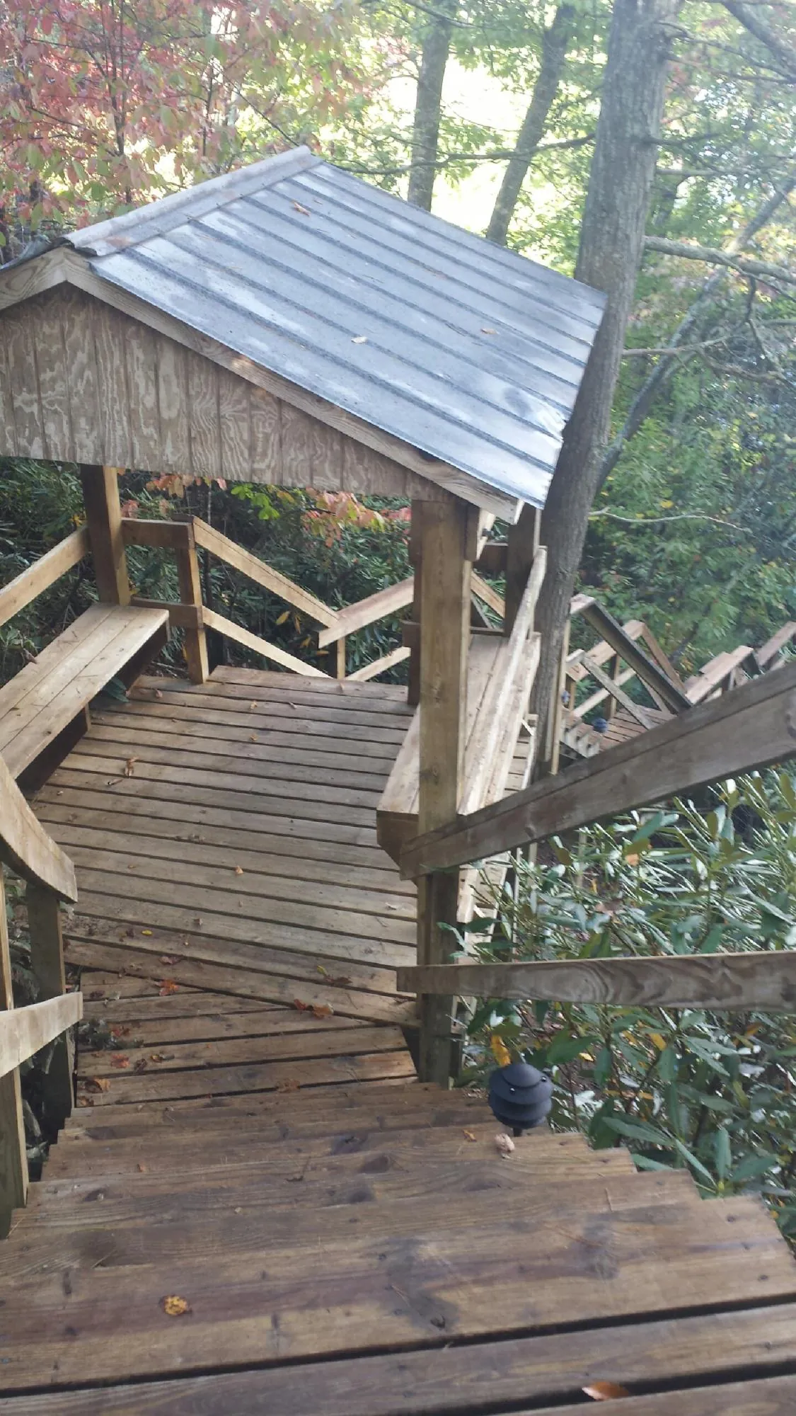 Metal roofed shelter over wooden steps on a wooded walkway — Skylight Repair & Installation work by our crew in Bettsville
